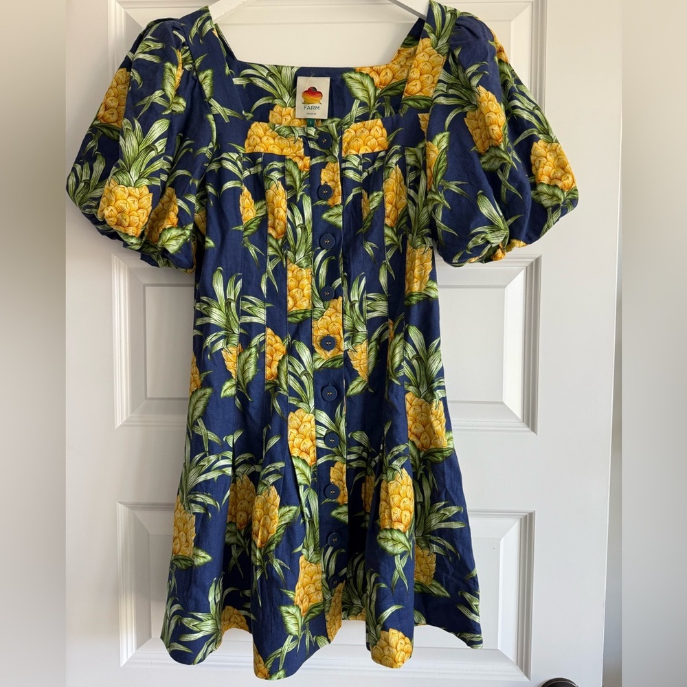 Farm Rio Navy Blue Delicate Pineapple Lenzing™ Ecovero™ Euroflex Mini Dress NWT